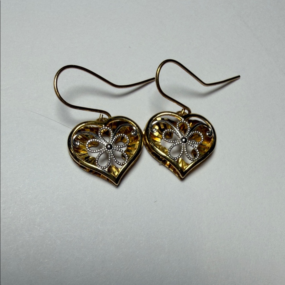 Gold Heart Earrings with Silver Accents